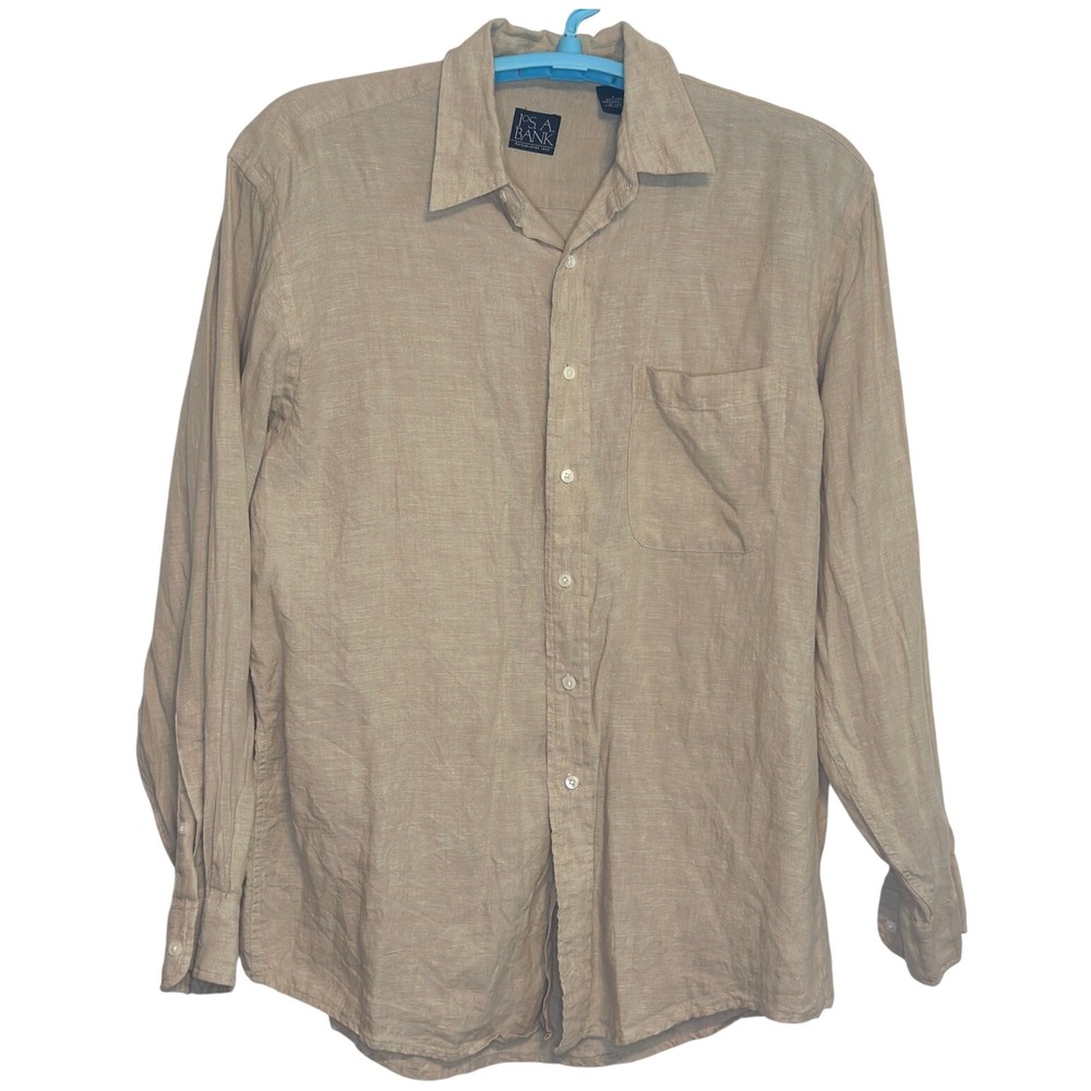 Jos A Bank Linen Button Up Shirt Long Sleeve Casual Mens‎ Beige Summer Size L